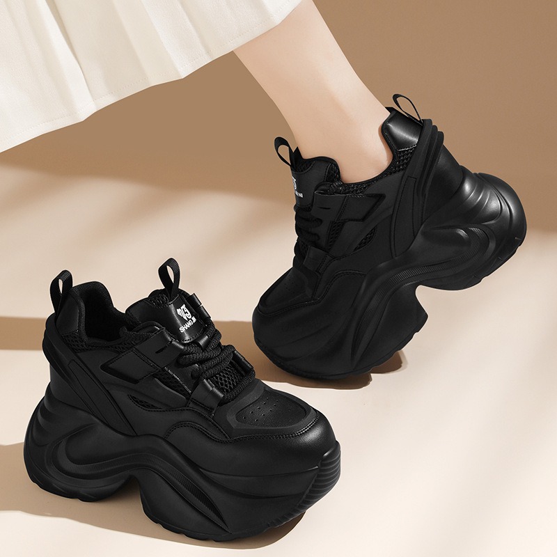 Wedge Heeled Sneaker - Damskie czarne sneakersy na platformie, masywne,