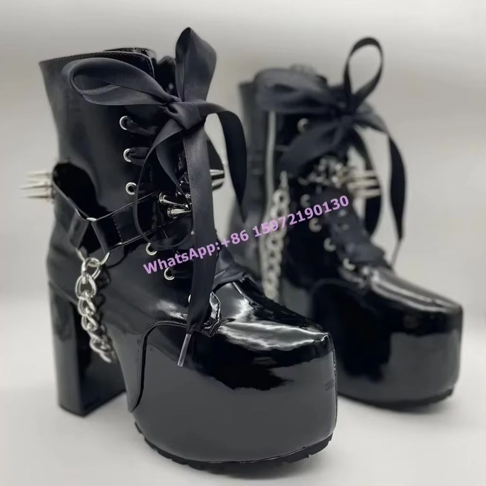 Botki z nitami, czarne, w styl – Ribbon Tie Heel recenzja i cena